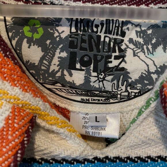 Senor Lopez‎ Baja Hoodie Large Striped Cotton Blend 90s Beach Pullover - Picture 3 of 3